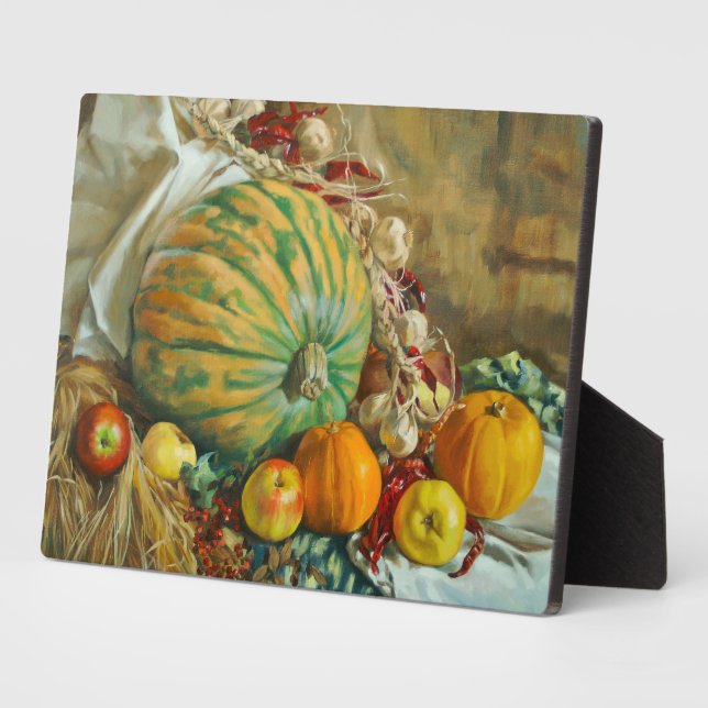 Rustic Harvest Still Life with Pumpkins and Apples Plaque (Side)