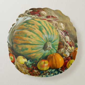 Rustic Harvest Still Life with Pumpkins and Apples Round Pillow