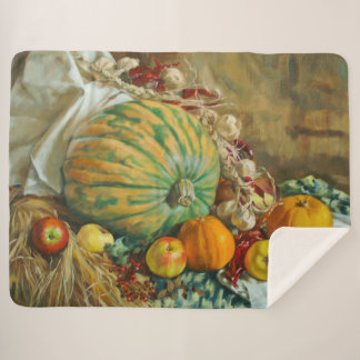 Rustic Harvest Still Life with Pumpkins and Apples Sherpa Blanket