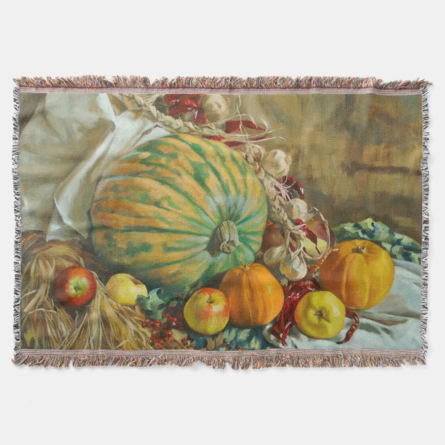 Rustic Harvest Still Life with Pumpkins and Apples Throw Blanket (Front)