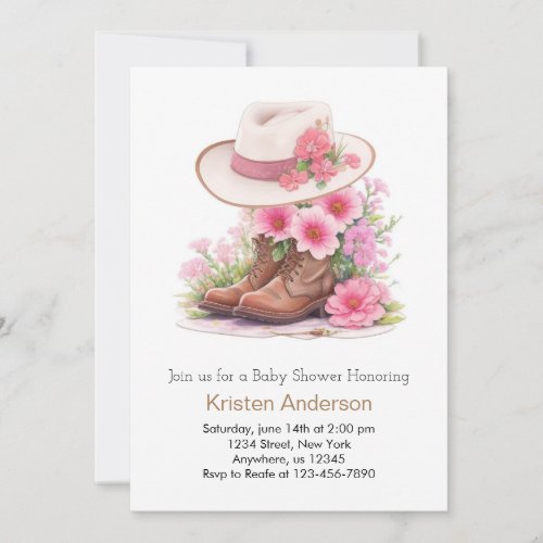 Rustic Hat and Boot Watercolor Cowgirl Baby Shower Invitation