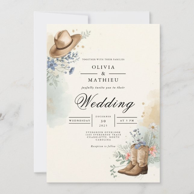 Rustic Hat Floral Romance Wedding Invitation (Front)