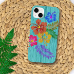 Rustic Hawaiian Flowers Print Case-Mate iPhone 14 Plus Case<br><div class="desc">Rustic Hawaiian flowers and leaves iPhone 6s case.  Colorful hibiscus flowers,  in pink,  blue and yellow are printed over an aqua blue wood background.</div>