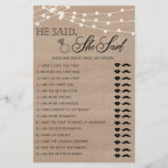 Rustic He said she said bridal shower game Flyer<br><div class="desc">Enjoy your bridal shower with these simple and cute games. Check out our collection for more bridal shower games in the same style. Please note that these games are not editable.</div>