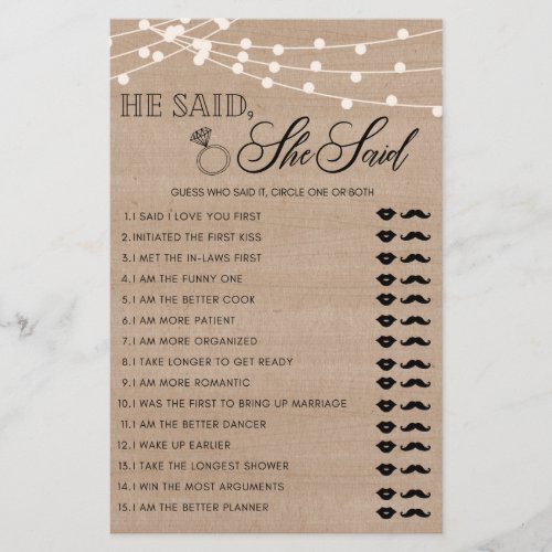 Rustic He said she said bridal shower game Flyer