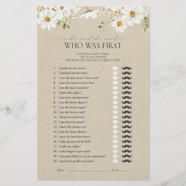 Rustic He Said She Said Daisy Bridal Shower Game (Front)
