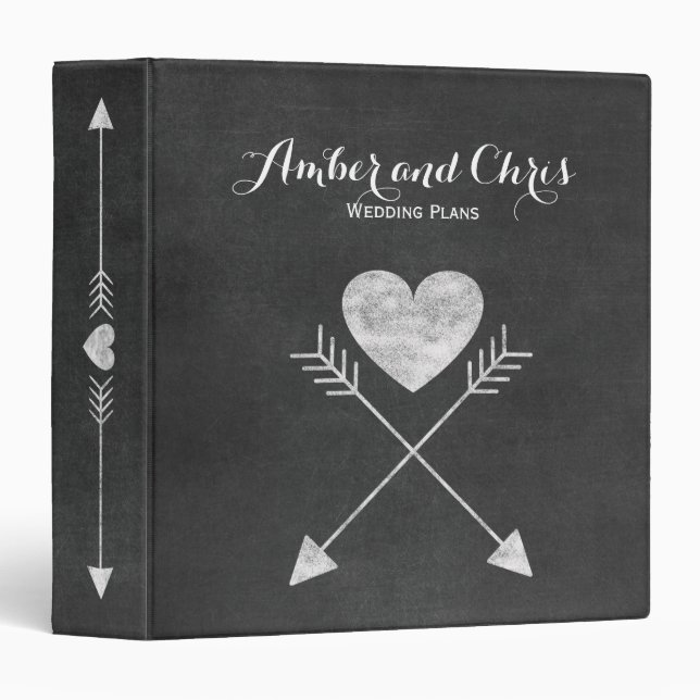 Rustic Heart and Arrows Chalkboard Wedding 3 Ring Binder (Front/Spine)