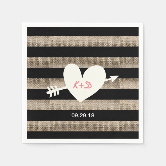 Rustic Heart & Arrow Burlap Stripes Wedding Paper Napkins (Front)