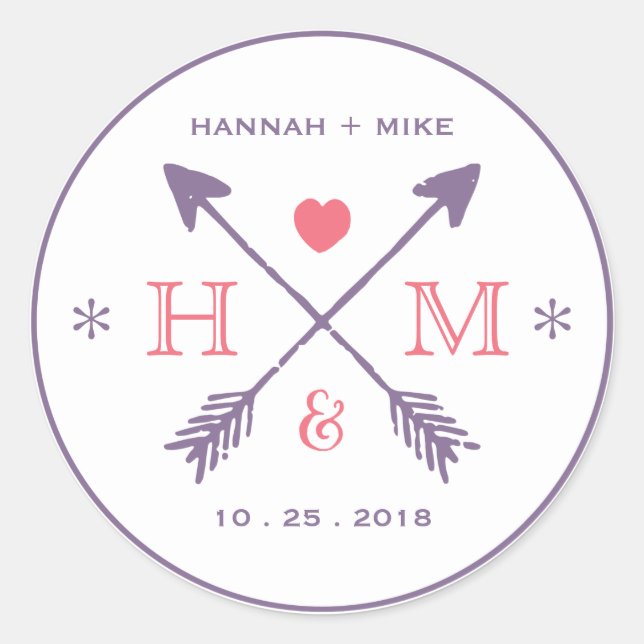 Rustic Heart Arrow Wedding Favor Monogram Sticker (Front)