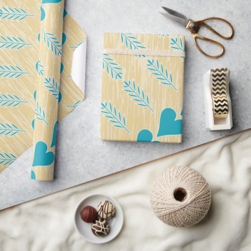 Rustic Heart Blue Teal Aqua Tan Brown Wrapping Paper