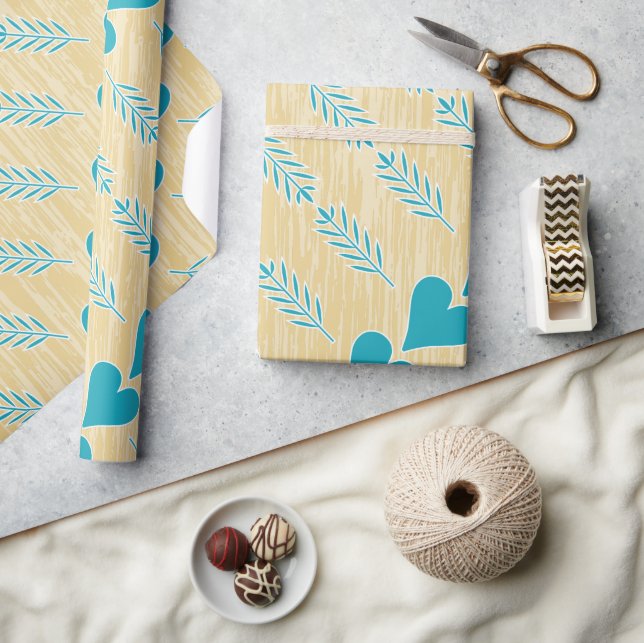 Rustic Heart Blue Teal Aqua Tan Brown Wrapping Paper (Crafts)