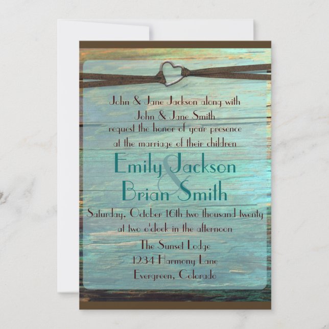 Rustic heart buckle turquoise wood wedding invites (Front)