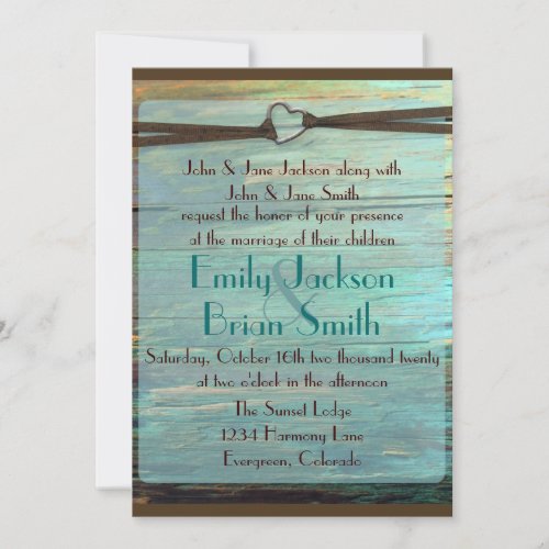 Rustic heart buckle turquoise wood wedding invites