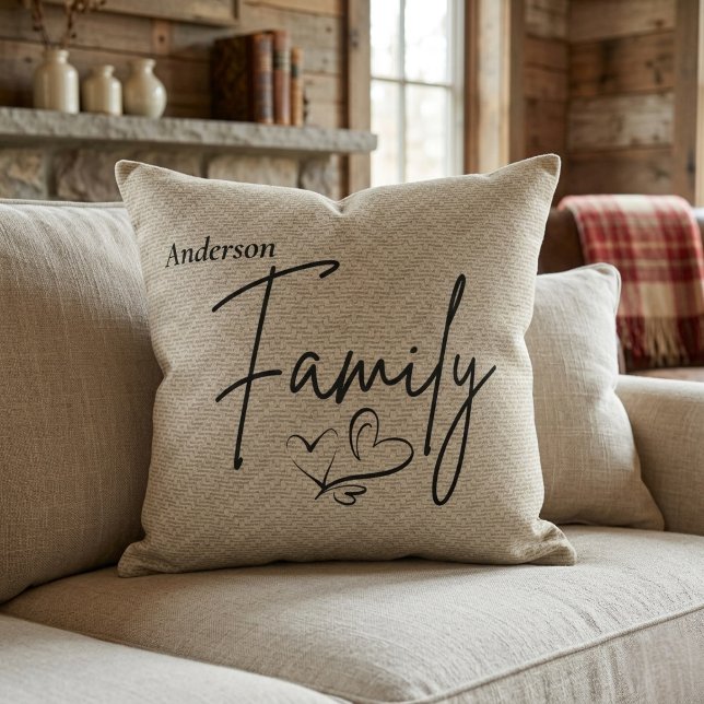 Rustic Heart Burlap Family Name Beige Throw Pillow (Creator Uploaded)