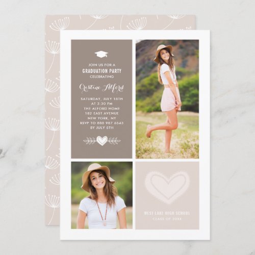 Rustic Heart Doodles Photo Collage Graduation Invitation