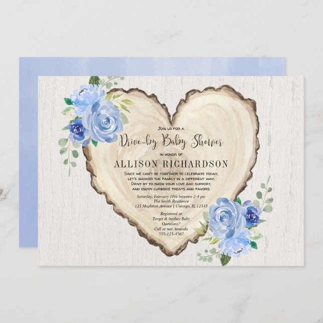 Rustic heart drive-by boy baby shower blue floral invitation (Front/Back)