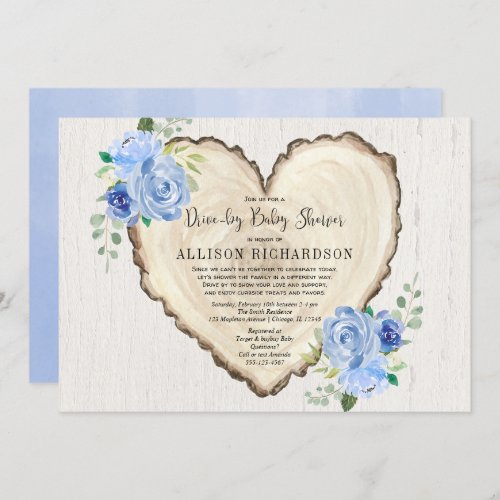 Rustic heart drive_by boy baby shower blue floral invitation