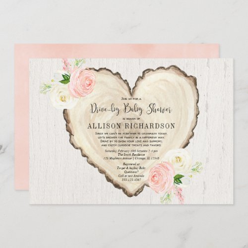 Rustic heart drive_by girl baby shower blush pink invitation