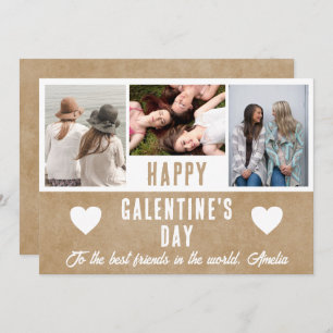 Rustic Heart Galentine's Day Friends 3 Photo Holiday Card