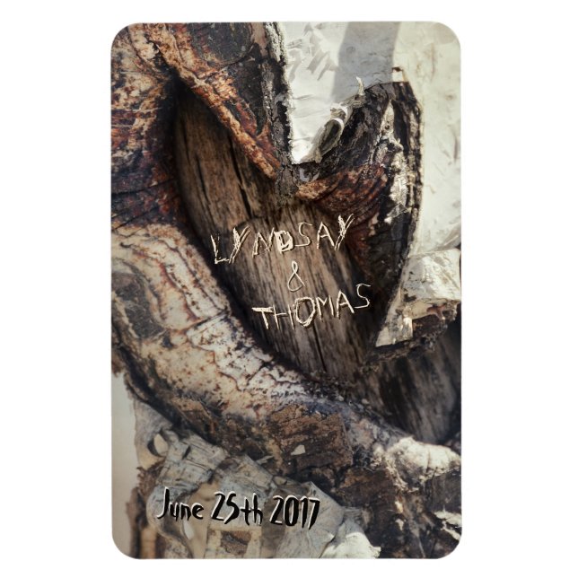 Rustic Heart in Birch Bark Carved Names Natural Magnet (Vertical)