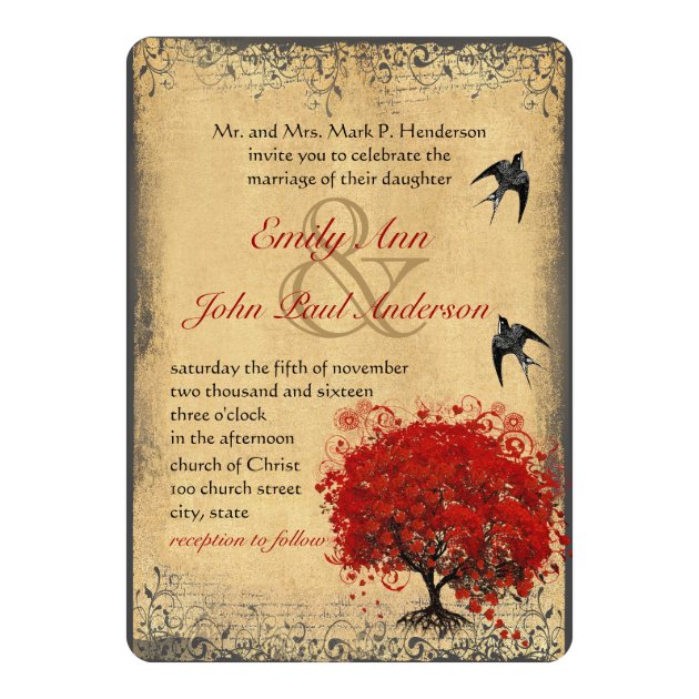 Rustic Heart Leaf Red Tree Love Bird Wedding Invitation