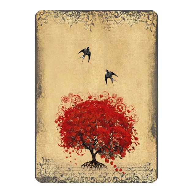 Rustic Heart Leaf Red Tree Love Bird Wedding Invitation