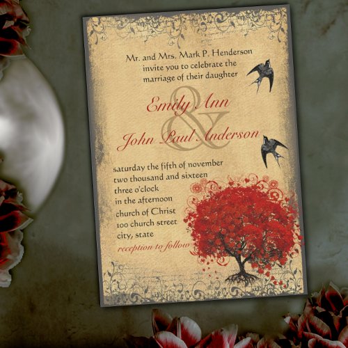 Heart Leaf Red Tree Vintage Birds Wedding Invites