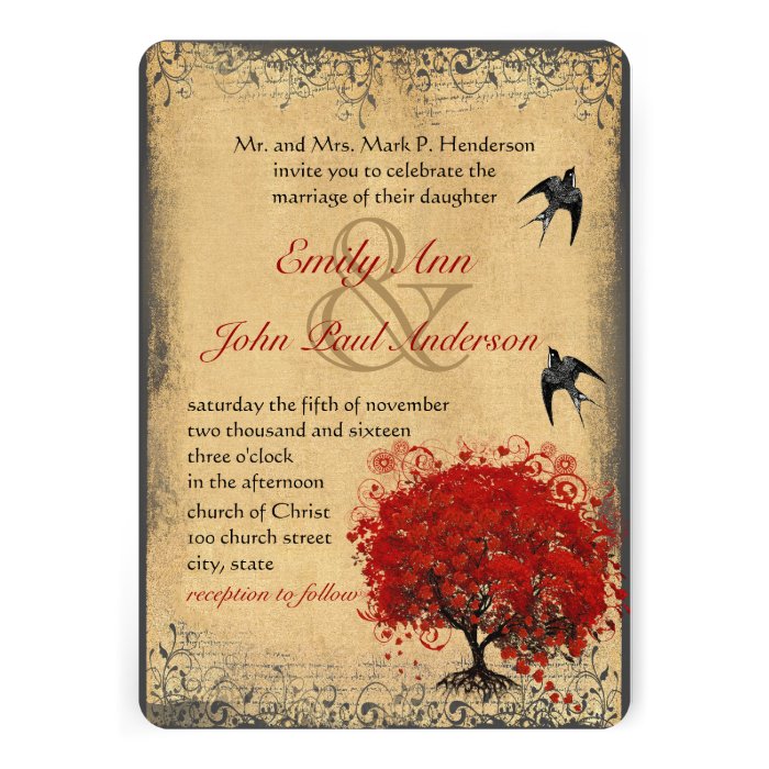 Rustic Heart Leaf Red Tree Love Bird Wedding Announcement