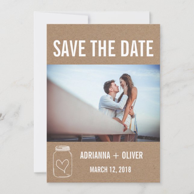 Rustic Heart Mason Jar Save The Date Couple Photo (Front)