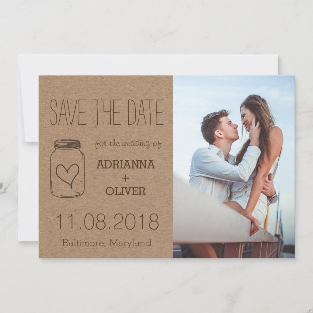 Rustic Heart MasonJar Save The Date Couple Photo 3 (Front)