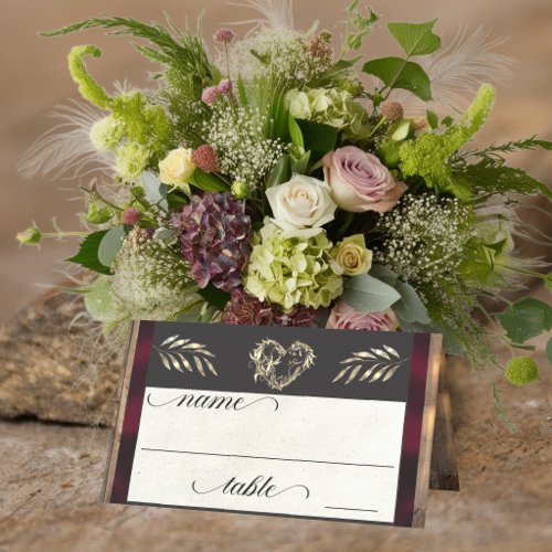 Rustic Heart & Monogram - Burgundy Place Card