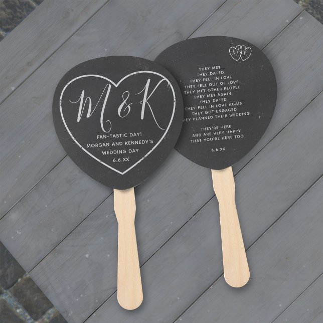 Rustic Heart Monogram Chalkboard Wedding Hand Fans (Something rustic for your chalkboard wedding, a paddle shaped hand fan with space on the reverse)