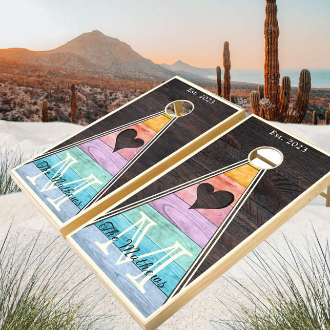 Rustic Heart Pastel Rainbow Brown Wood Grain Cornhole Set (Creator Uploaded)