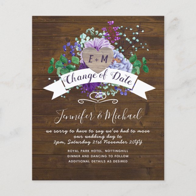 Rustic Heart PHOTO Purple Floral CHANGE of DATE (Front)