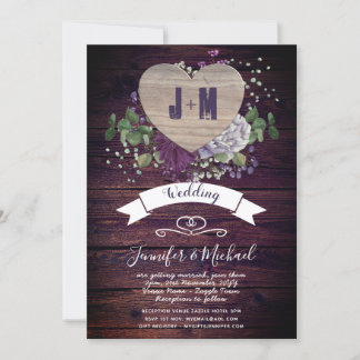 Rustic Heart PHOTO Wedding Invite Purple Wood