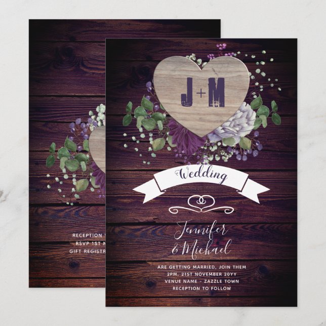 Rustic Heart Purple Flowers Wedding Invitation (Front/Back)