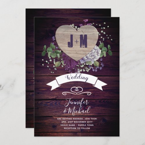 Rustic Heart Purple Flowers Wedding Invitation