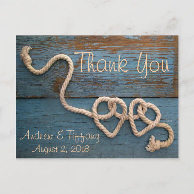 Rustic Heart Rope Wedding Thank You Postcard | Zazzle