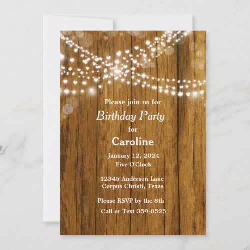Rustic Heart Shaped Hanging Lights Birthday Party Invitation