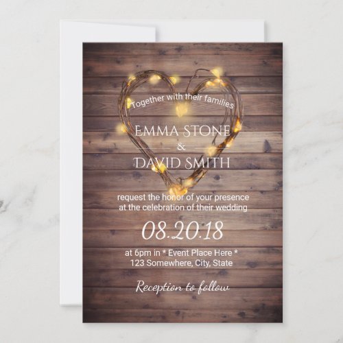 Rustic Heart String Lights Country Barn Wedding Invitation