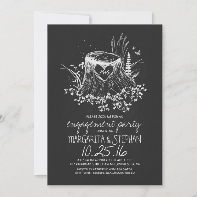 Rustic heart tree chalkboard engagement party invitation (Front)