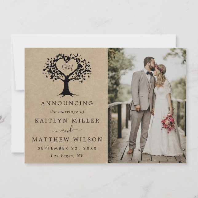 Rustic Heart Tree Photo Wedding Announcement (Front)