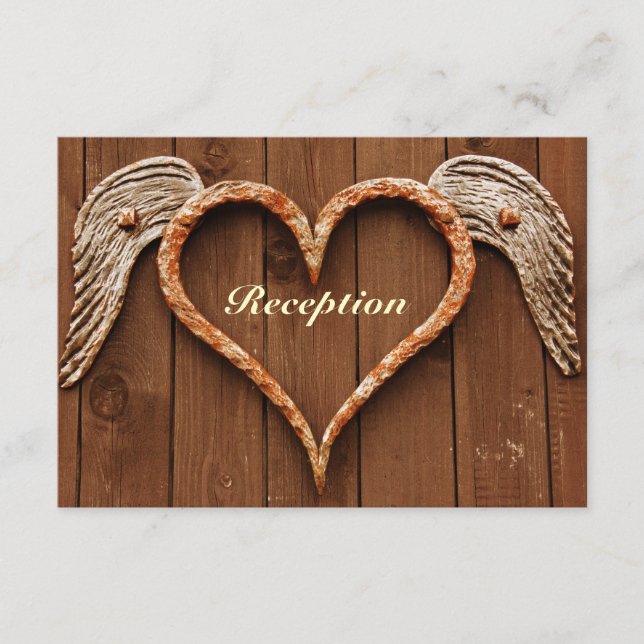 Rustic Heart with Wings Wood Wedding Reception Enclosure Card (Front)