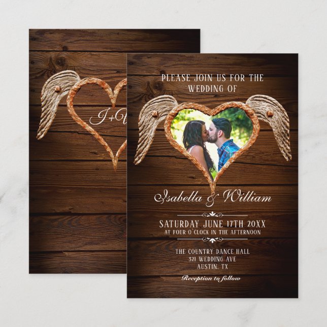 Rustic Heart Wood Photo Country Barn Wedding Invitation (Front/Back)