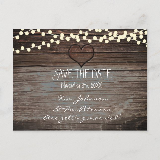 Rustic Heart Wood Wedding Postcard Save The Date (Front)