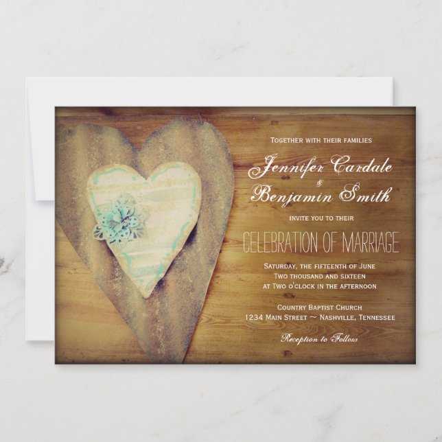 Rustic Hearts Barn Wood Country Wedding Invites (Front)