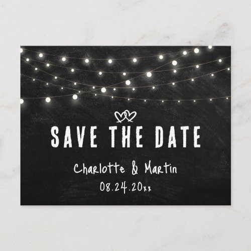 Rustic Hearts Lights Black Chalkboard Wedding Postcard