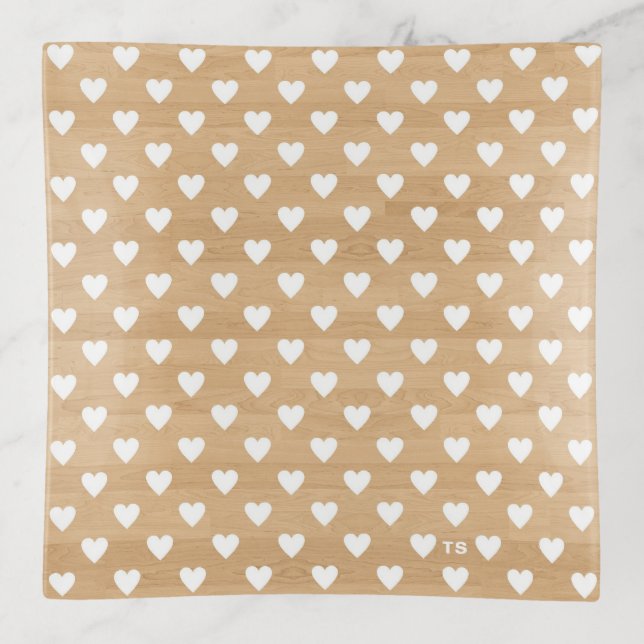 Rustic Hearts Pattern on Wood Background Monogram Trinket Tray (Front)