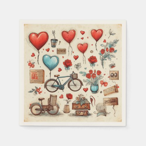 Rustic Hearts Sketch Red And Cream Paper Napkin