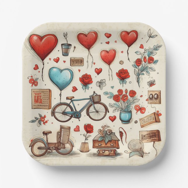 Rustic Hearts Sketch Red And Cream  Paper Plates (Front)